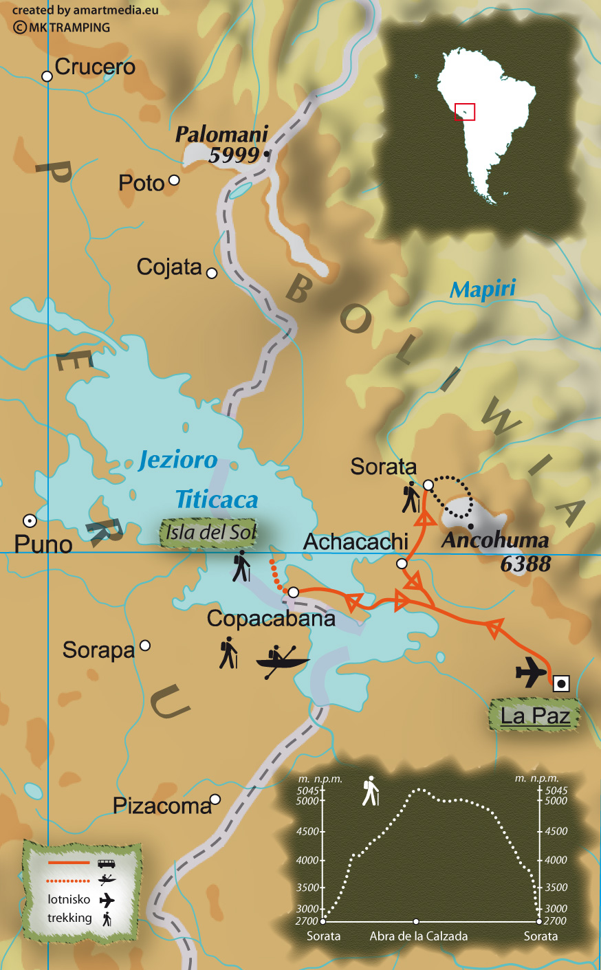 mapa trasy po Bliwii